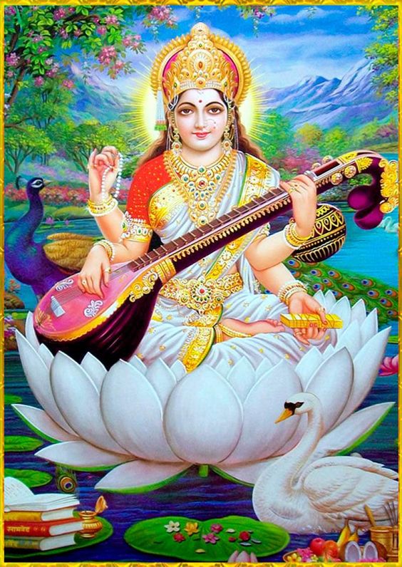 hinduism god Saraswati spiritual white swan play veena holy culture  illustration Stock Photo - Alamy